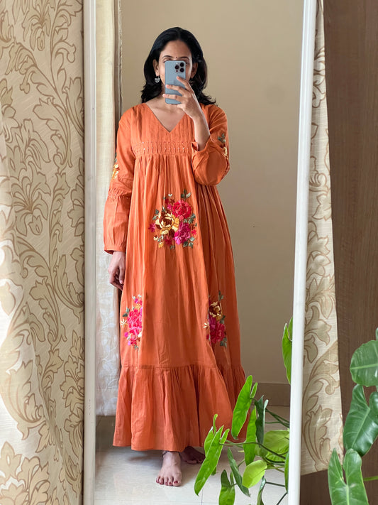 9137 Mulmul rust one piece dress with hand embroidery