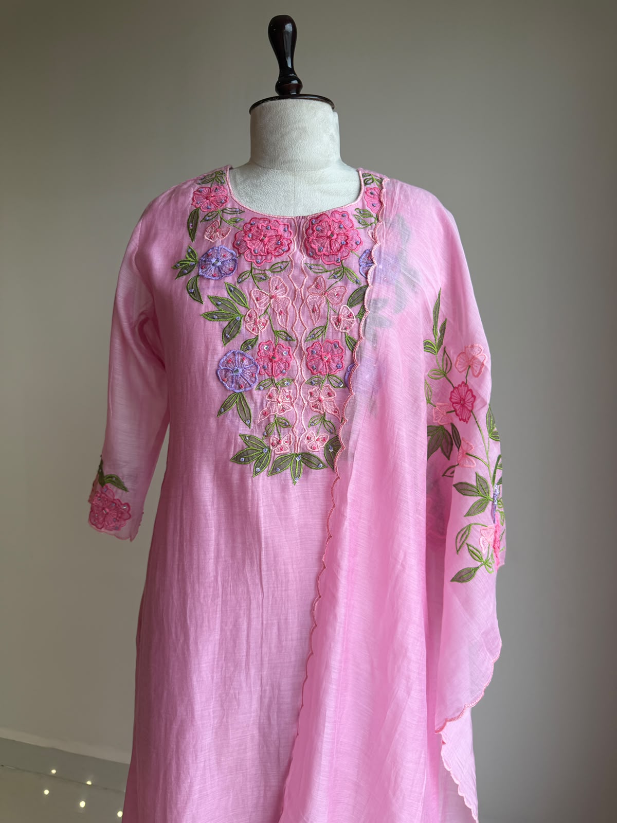 A0846 pink mul chanderi applique 3 piece dress
