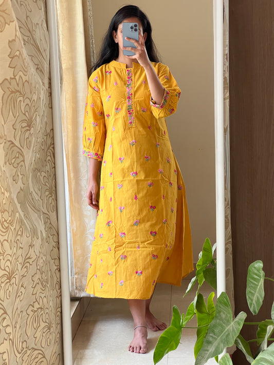 9086 mustard yellow handloom cotton a line one piece dress