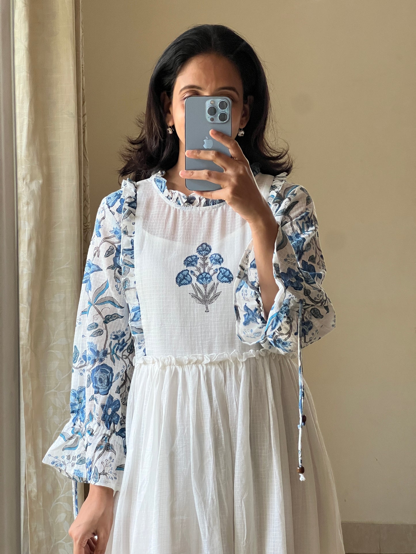 A0464 pure cotton kota white & blue hand block printed dress comes with separate lining inside