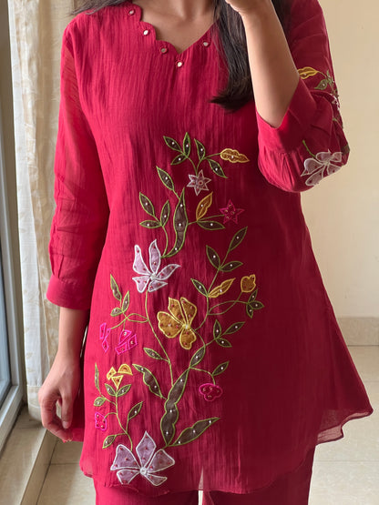 A0584 Red mul chanderi coord set with applique work detailing
