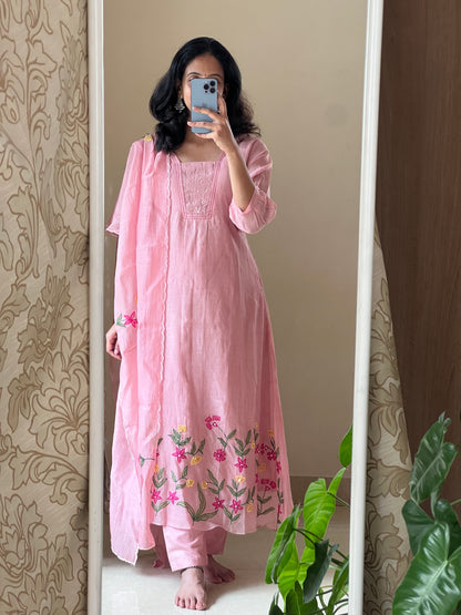 A0420 nude pink mul chanderi 3 piece dress with applique work embroidery