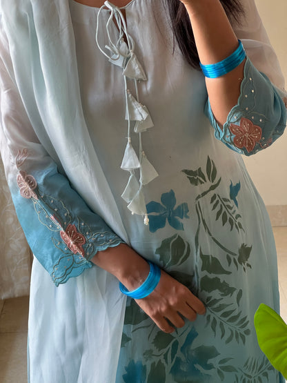 A0562 blue shaded silk 3 piece dress with applique work, hand painted & hand embroidery