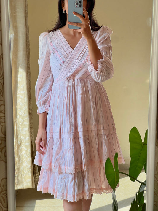 A0670 baby pink stripes jamdani cotton one piece dress with hand embroidery detailing on yoke part