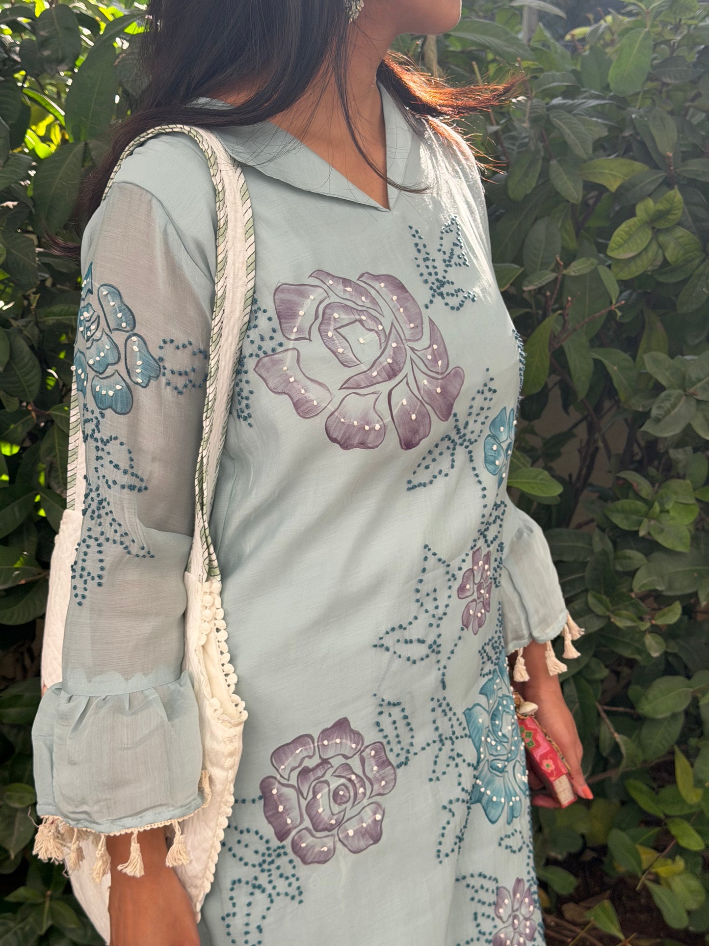 A0600 ice blue mul chanderi coord set with hand painted & knot work detailing all over the top