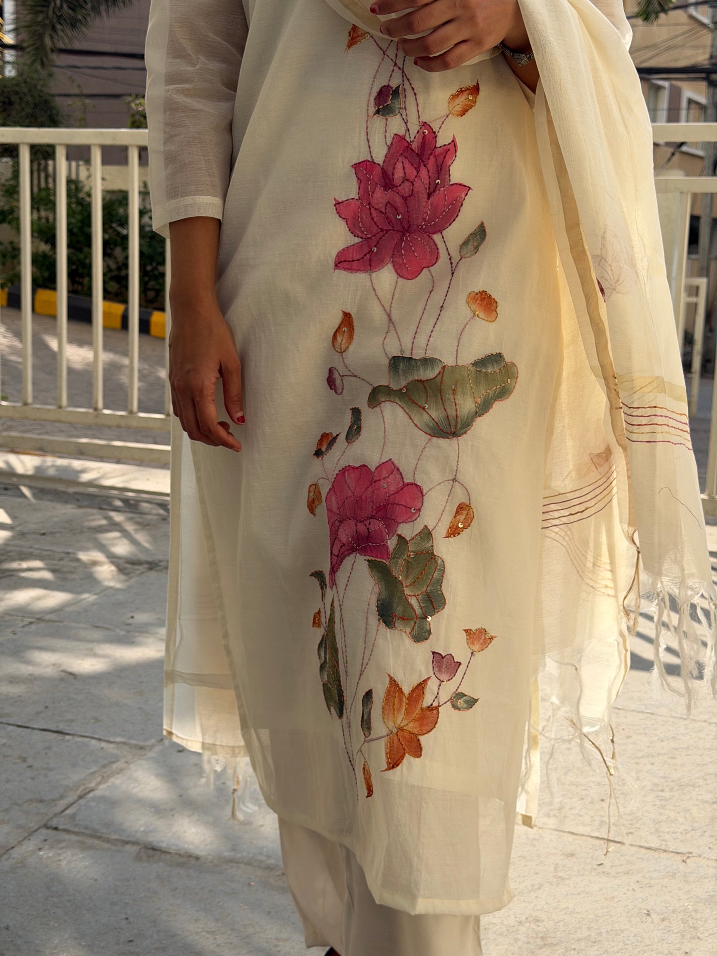 A0613 Cream shade hand painted mul Chanderi suit set