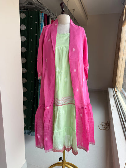 A0836 green & pink Jamdani coat dress