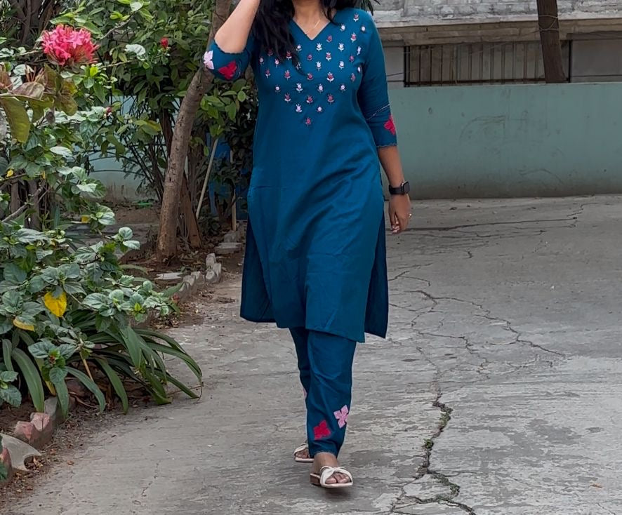 A0180 Blue handloom Cotton two piece set with rose hand embroidery and applique work detailing