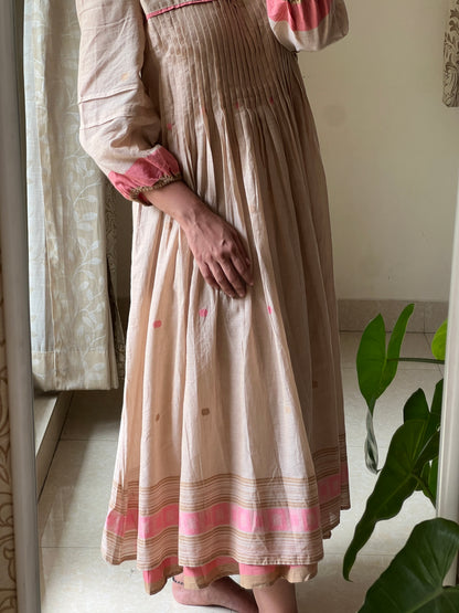 A0507 cream Bengal cotton jamdani one piece layered dress