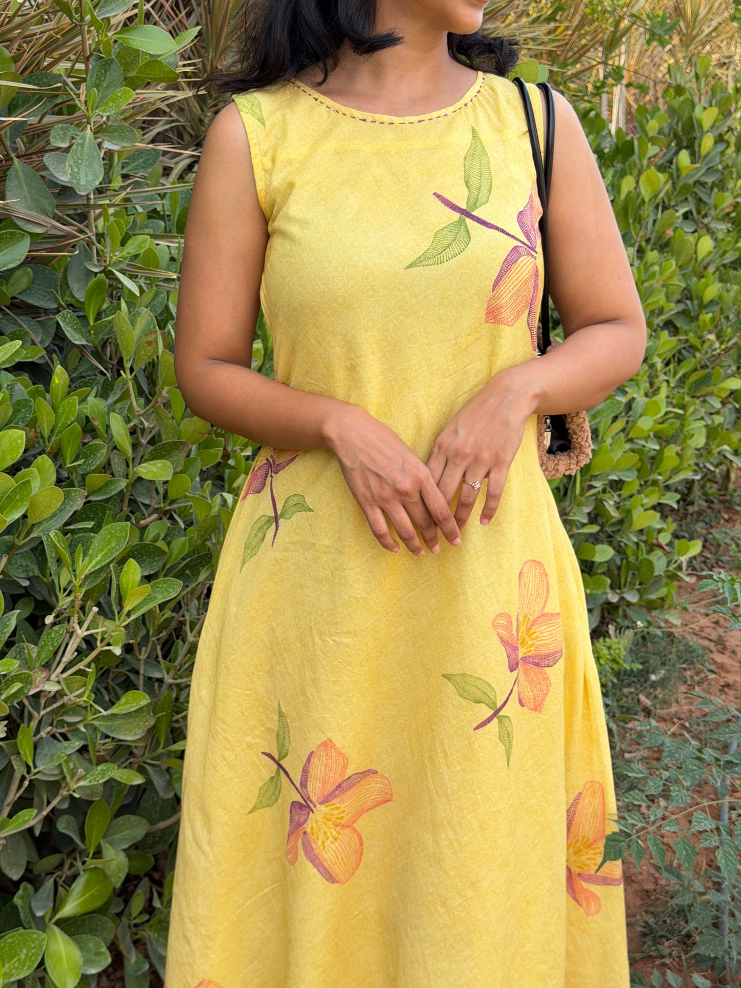 A0749 yellow mul cotton digital printed dress comes with lining