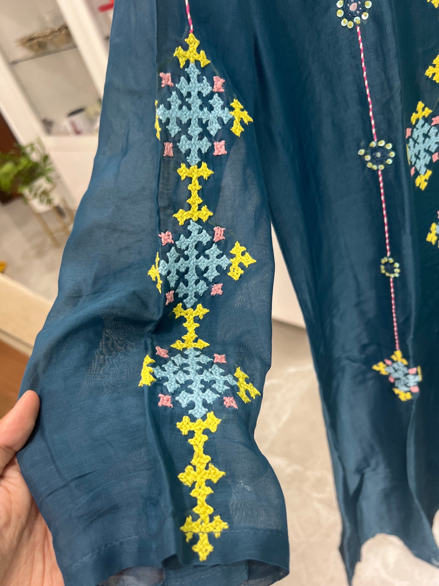 P07 peacock blue mul chanderi 2 piece dress with Kutch work hand embroidery detailing