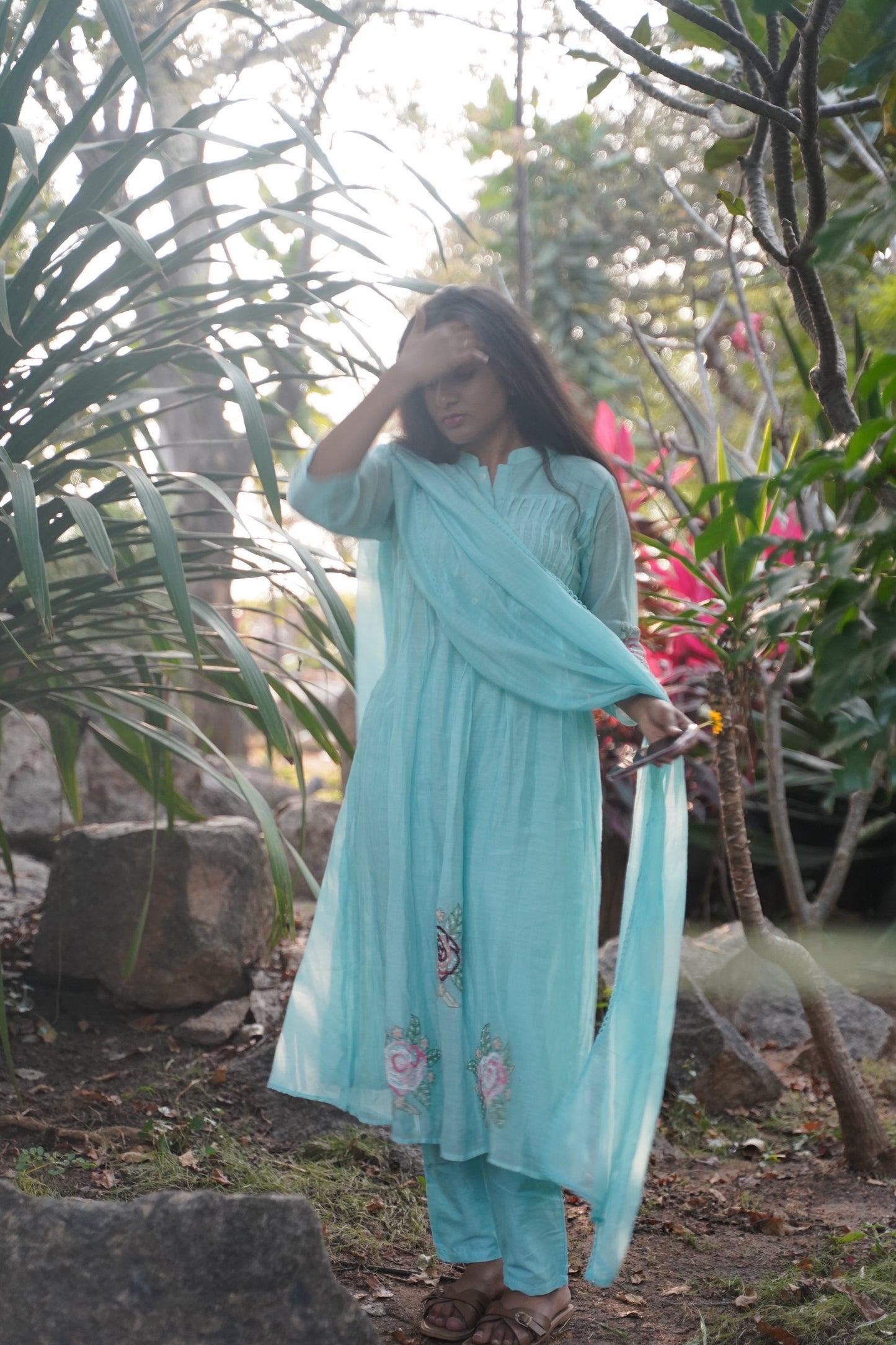 A0587 sea blue mul chanderi 3 piece dress with floral hand embroidery detailing & pleats detailing on yoke part