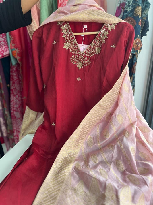 9010 maroon chinnon 3 piece set with hand embroidery detailing and benaras duppatta