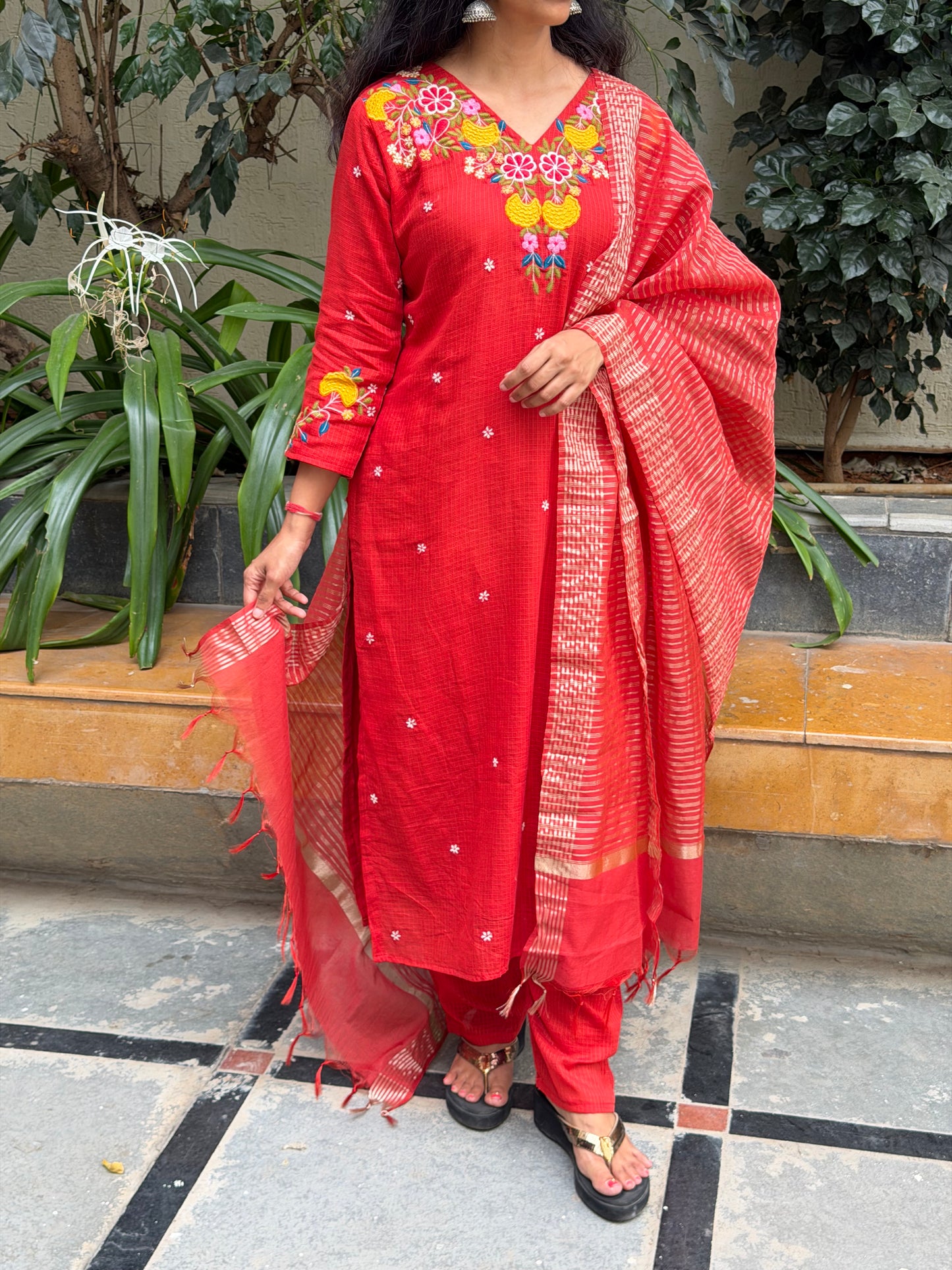 A0681 rust cotton kota straight cut 3 piece dress with stripes duppatta & kota pants comes with complete cotton lining