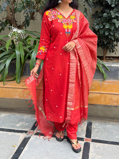 A0681 rust cotton kota straight cut 3 piece dress with stripes duppatta & kota pants comes with complete cotton lining