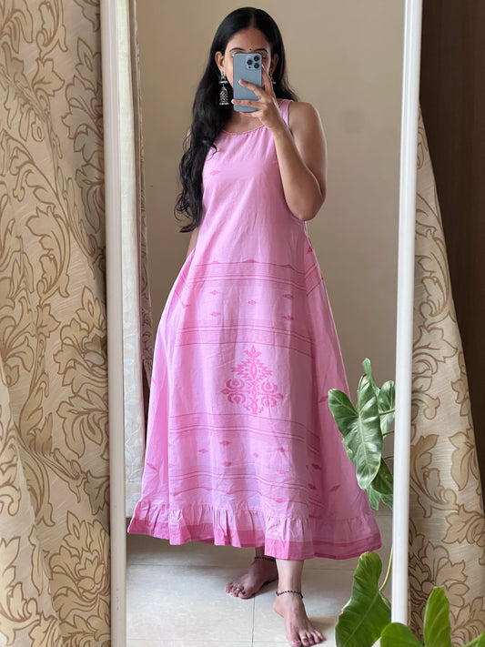 A0392 baby pink Bengal cotton jamdani one piece dress