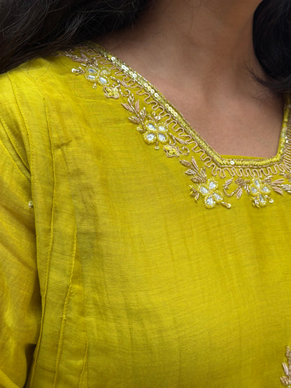 A0635 Beautiful yellow shade mul Chanderi cord set with Kundan, beads and embroidery detailing