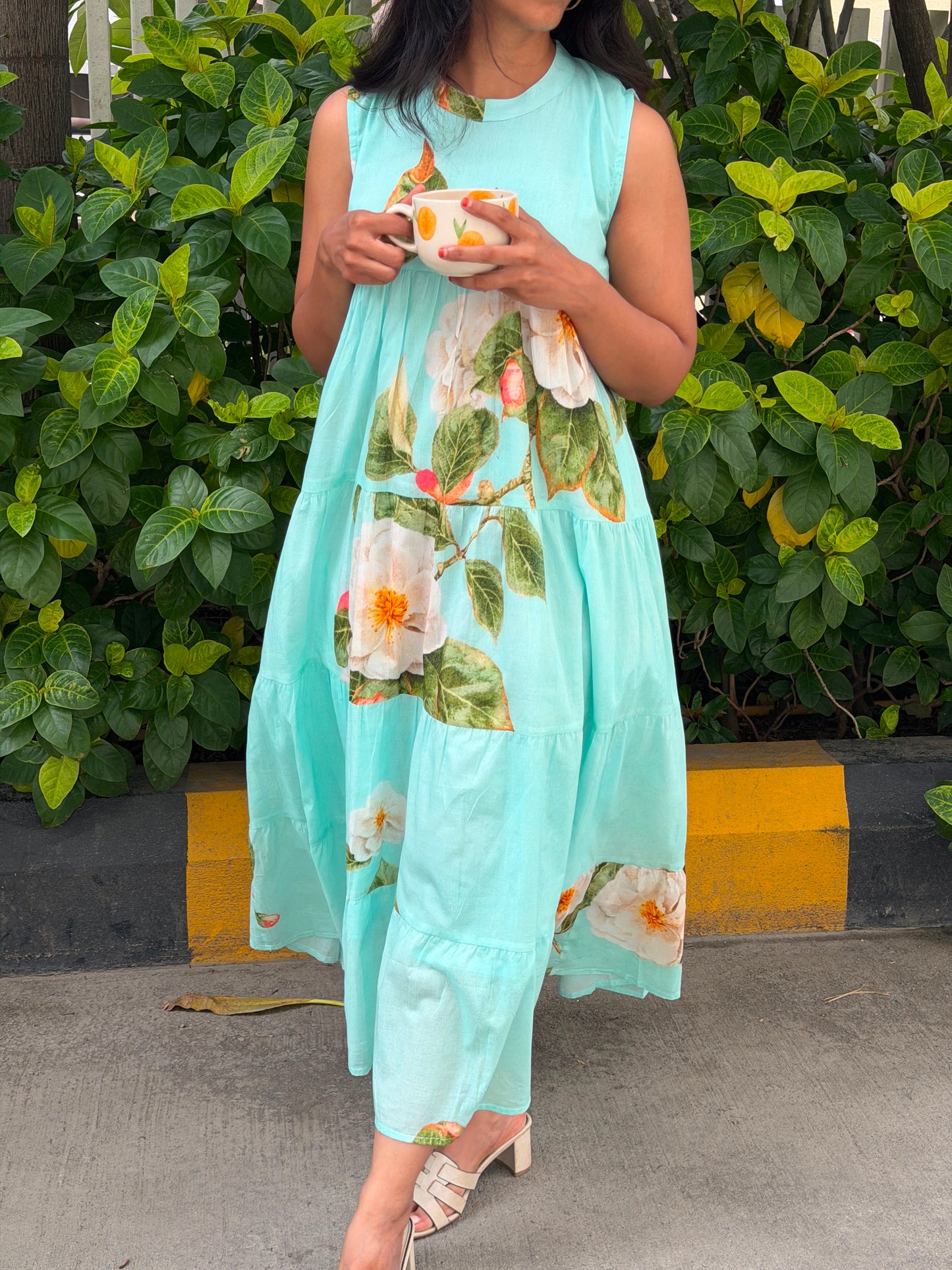 A0821 sea blue mul cotton tier one piece dress