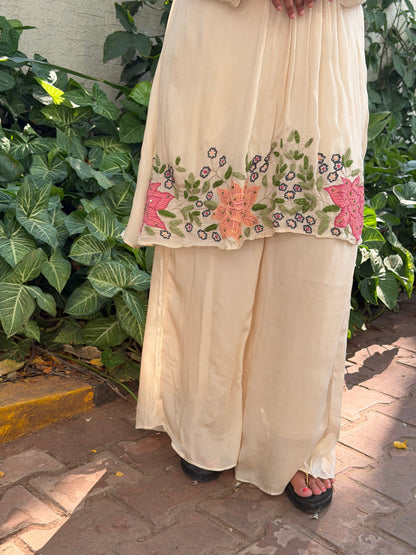 A0696 cream Chinnon coord set with hand embroidery & applique work detailing comes with plazzo pants
