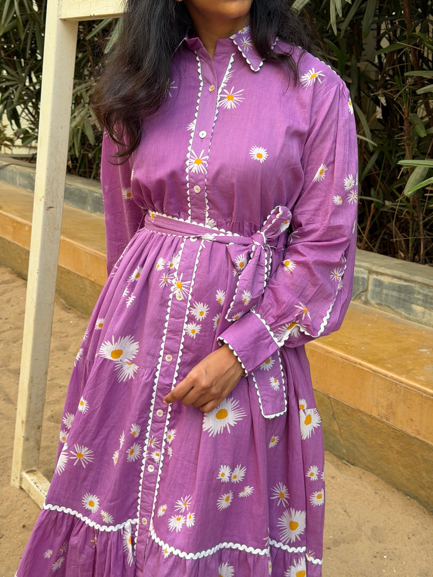 A0643 Lavender tie up style mul cotton frock