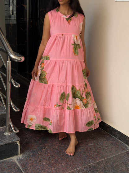 A0824 pink mul cotton floral digital printed tiered dress