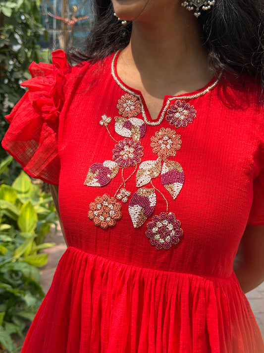 A0650 Beautiful red Kota cotton frock with beads and motti details