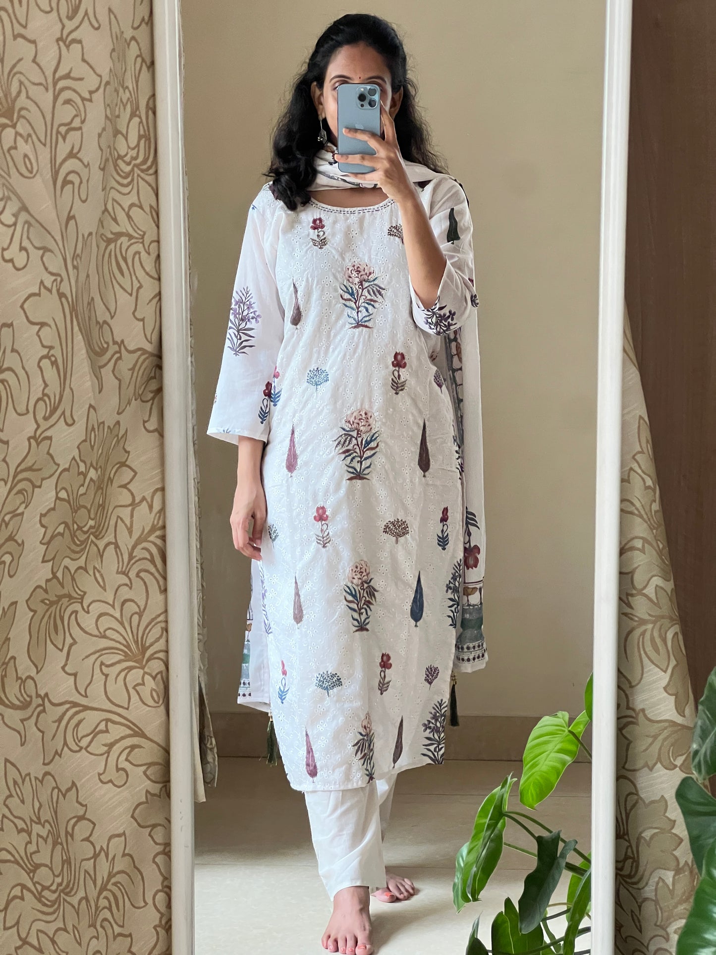 A0477 white pure cotton printed 3 piece set with embroidery detailing