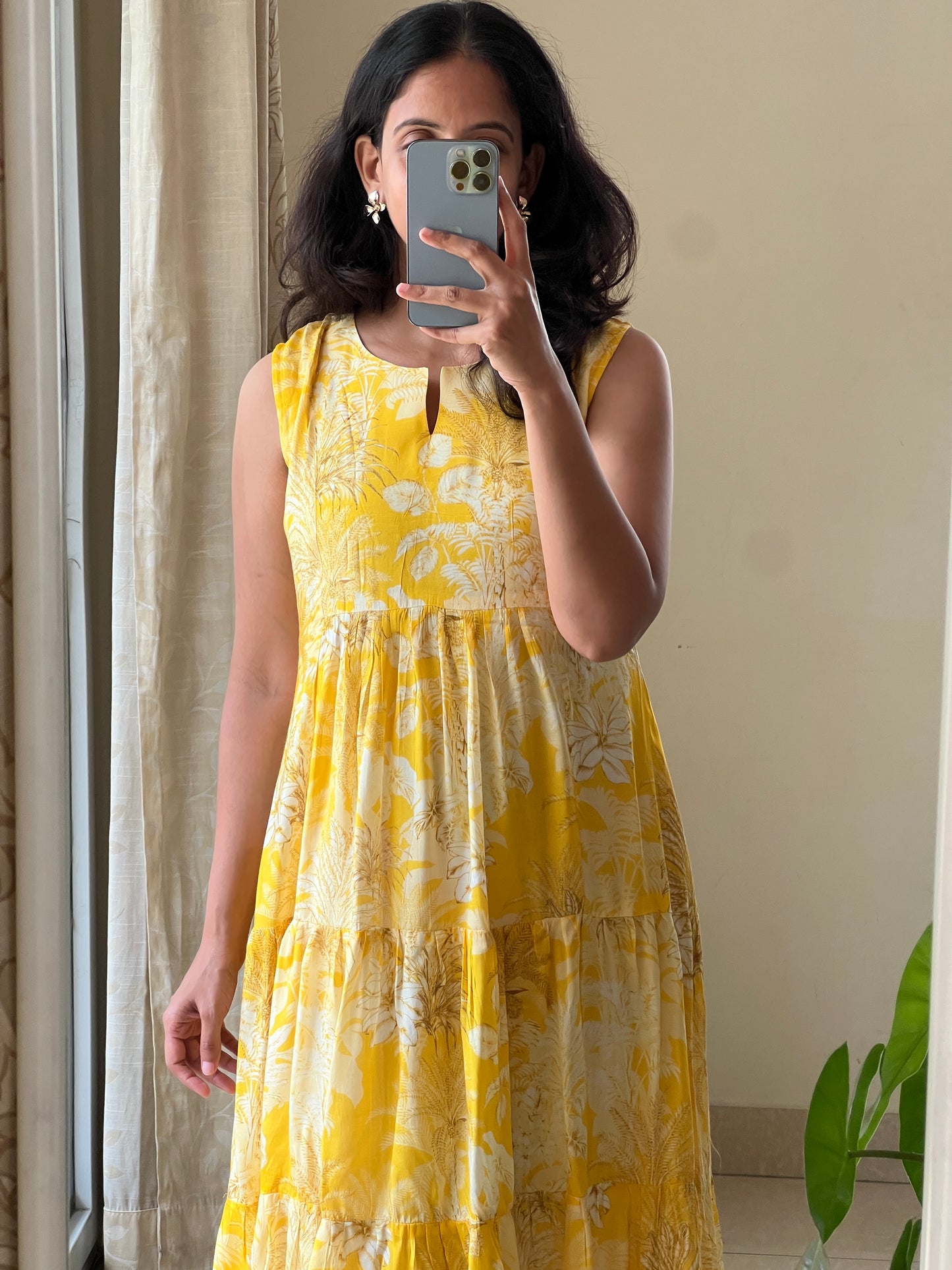A0527 yellow premium cotton silk one piece floral printed dress, sleeves can be attached