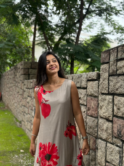 A0838 Grey Cotton silk dress with floral print design
