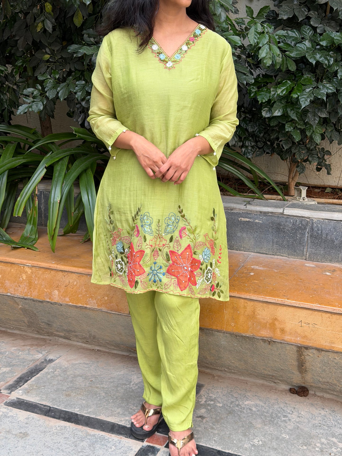 A0636 Beautiful pista green cooed set with hand embroidery detailing in Mul Chanderi fabric