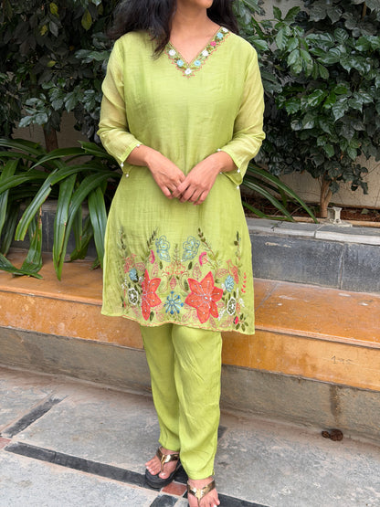 A0636 Beautiful pista green cooed set with hand embroidery detailing in Mul Chanderi fabric