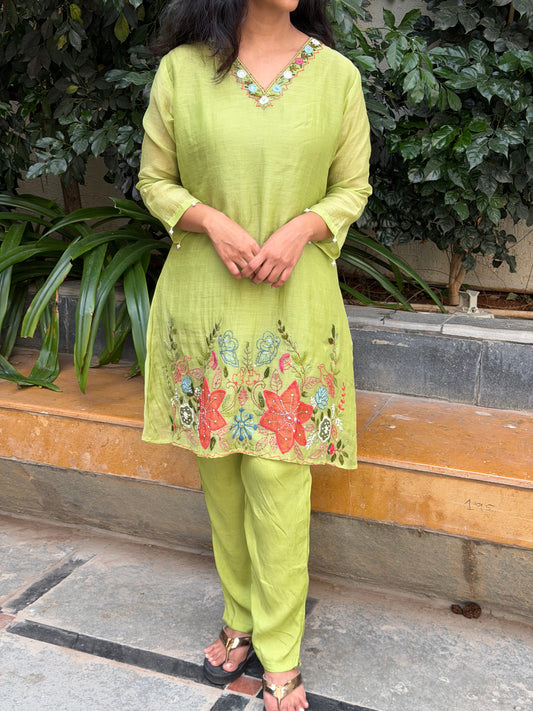 A0636 Beautiful pista green cooed set with hand embroidery detailing in Mul Chanderi fabric