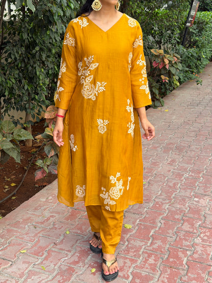 A0680 Premium Mul Chanderi 2pc set in beautiful yellow shade with embroidery detailing