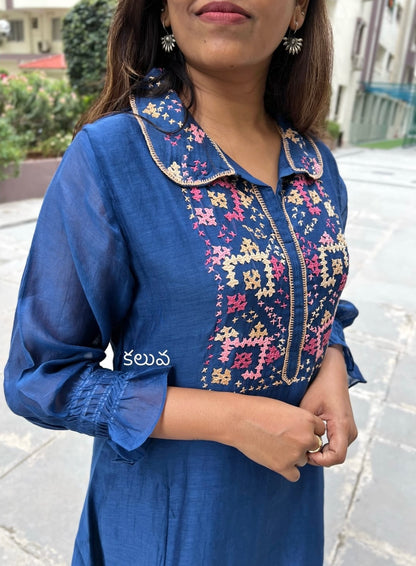 A0595 blue mul chanderi coord set with Kutch work embroidery