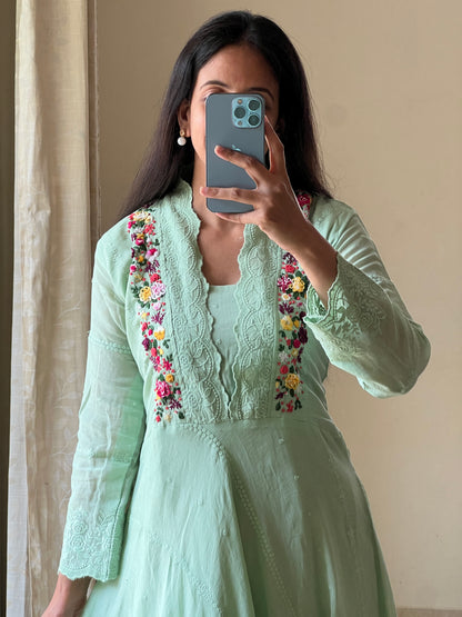 A0418 Mulmul pista green short frock with hand embroidery, lays detailing
