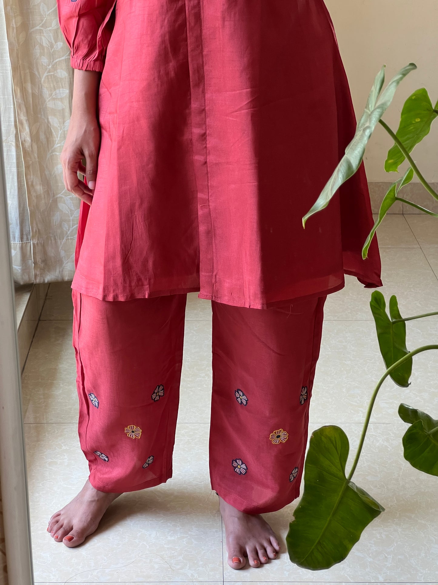 A0369 rust dola silk coord set with machine embroidery detailing