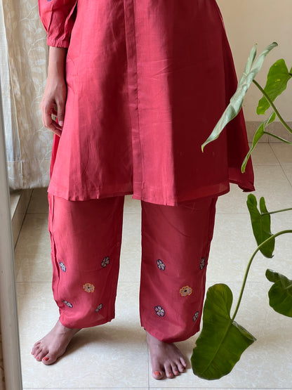 A0369 rust dola silk coord set with machine embroidery detailing