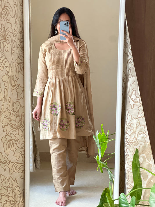 A0409 Trending Chikku colour Mulmul 3 piece set with hand embroidery and pleats detailing