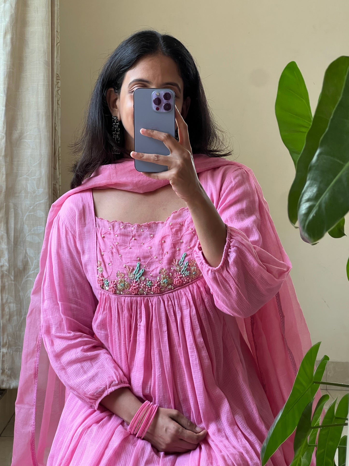 A0510 baby pink cotton kota 3 piece dress with hand embroidery detailing on yoke and butties all over dupatta