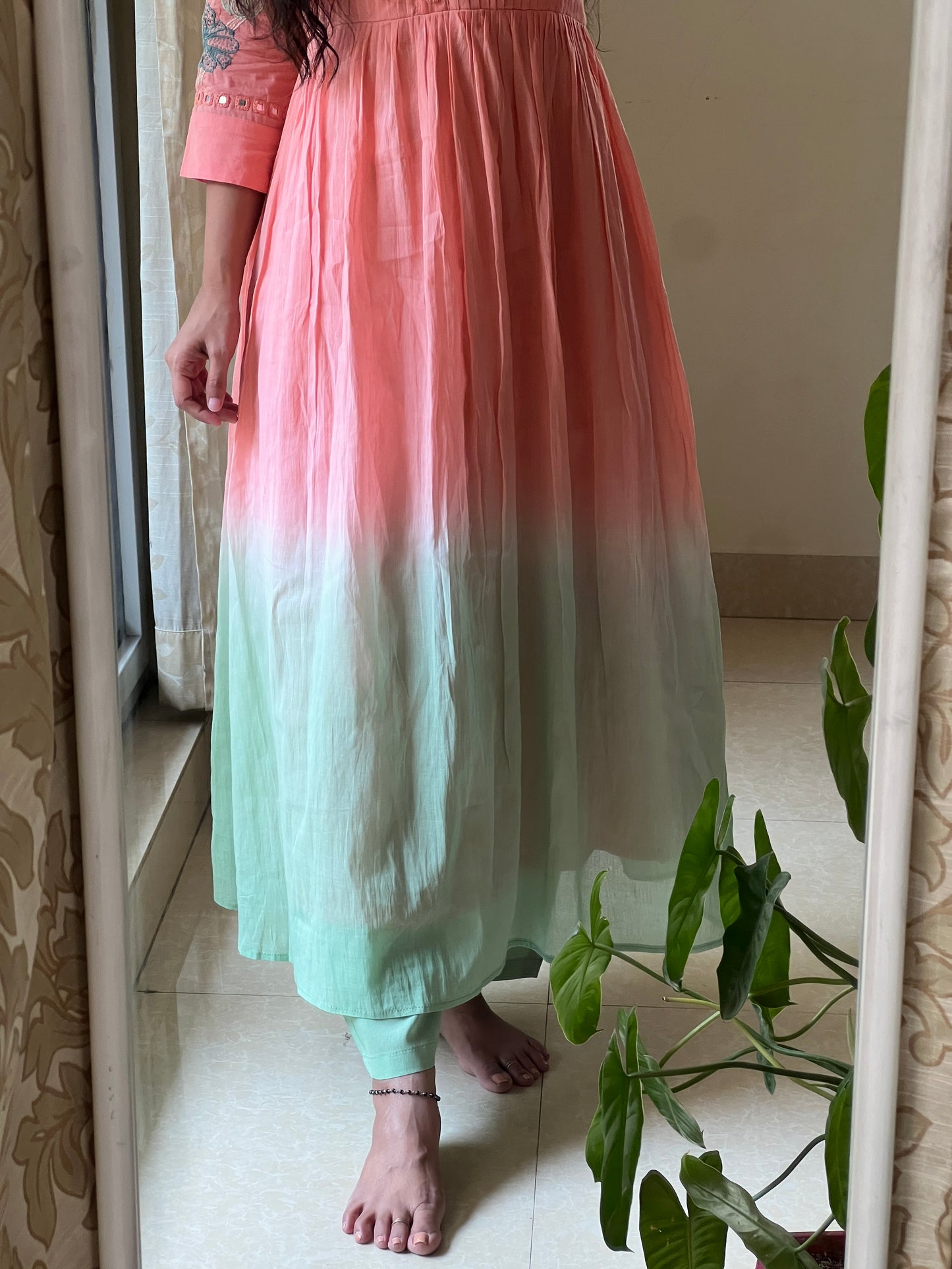 A0429 peach & green Mulmul shaded 2 piece dress with glass mirror & Kantha embroidery detailing on hands