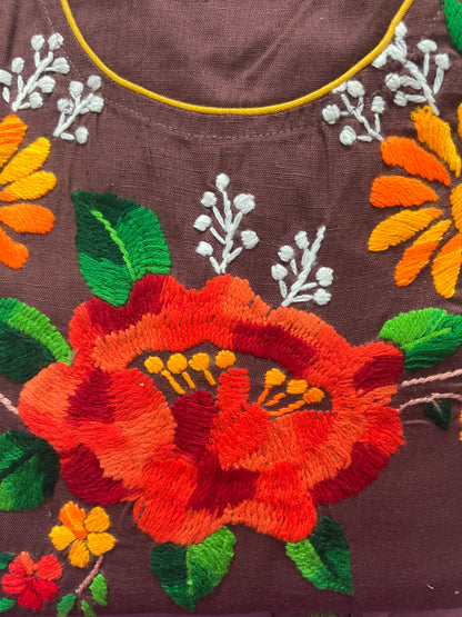 Brown handloom cotton woollen work straight cut kurti