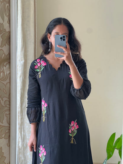 A0517 black cotton kota one piece dress with flower bunch embroidery all over the dress