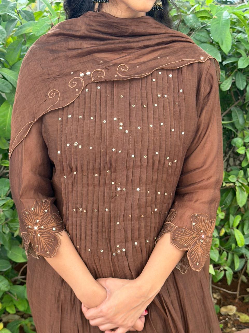 A0622 brown mul chanderi 3 piece suit with floral 3d embroidered & cut work for dress, sleeves & duppatta