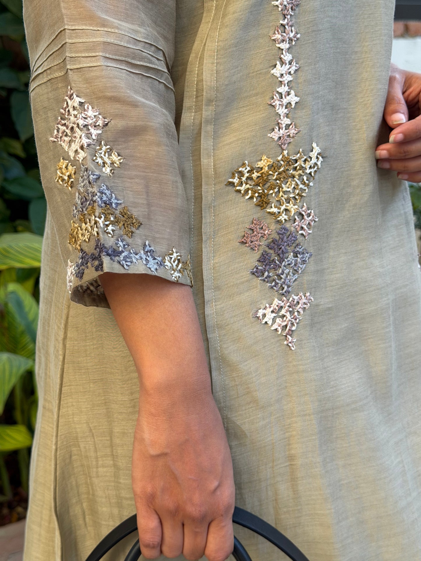 A0596 ash grey mul chanderi 2 piece dress with Kutch hand embroidery detailing