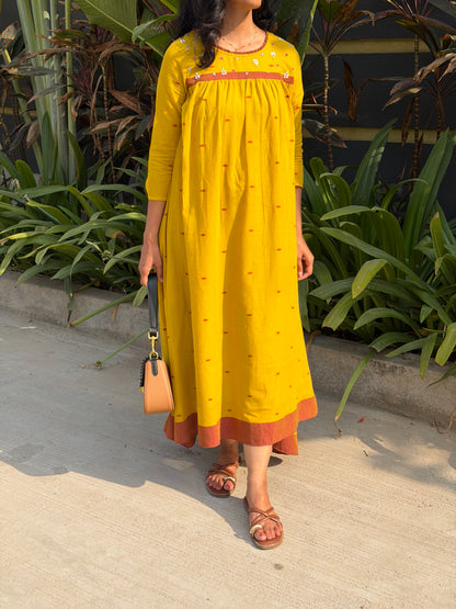 A0760 mustard & rust Jamdani one piece dress