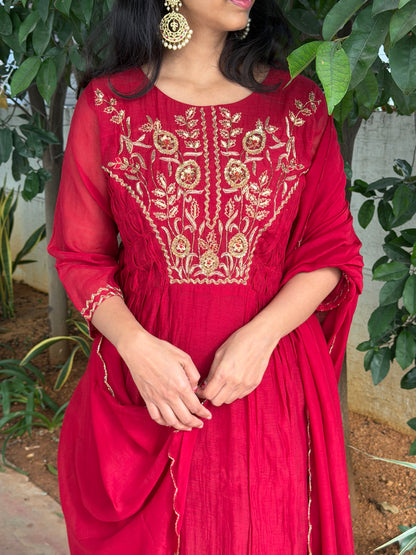 A0615 red mul chanderi 3 piece suit with zardosi hand embroidery detailing & smoking details at sides