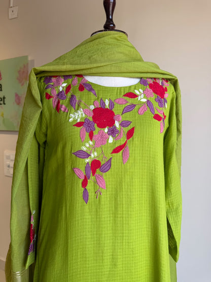 A0857 green Kota applique work 3 piece dress