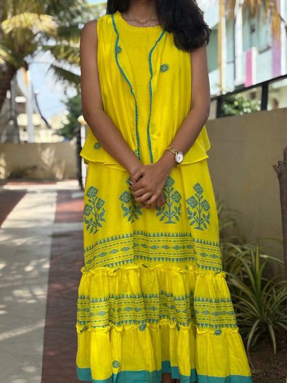 A0093 yellow Pure Jamdani cotton coat style dress