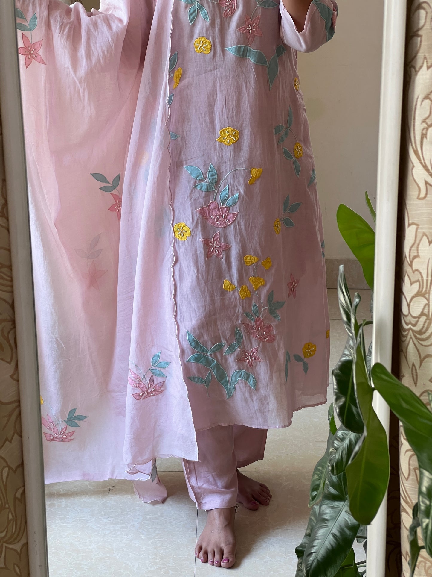 A0565 nude pink mul chanderi 3 piece dress with multi colour applique work detailing all over the dress & duppatta