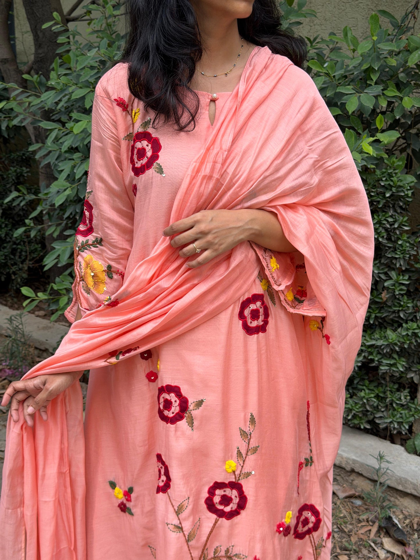 A0766 peach Mul chanderi 3 piece dress with hand paint , applique work & hand embroidery detailing all over the dress